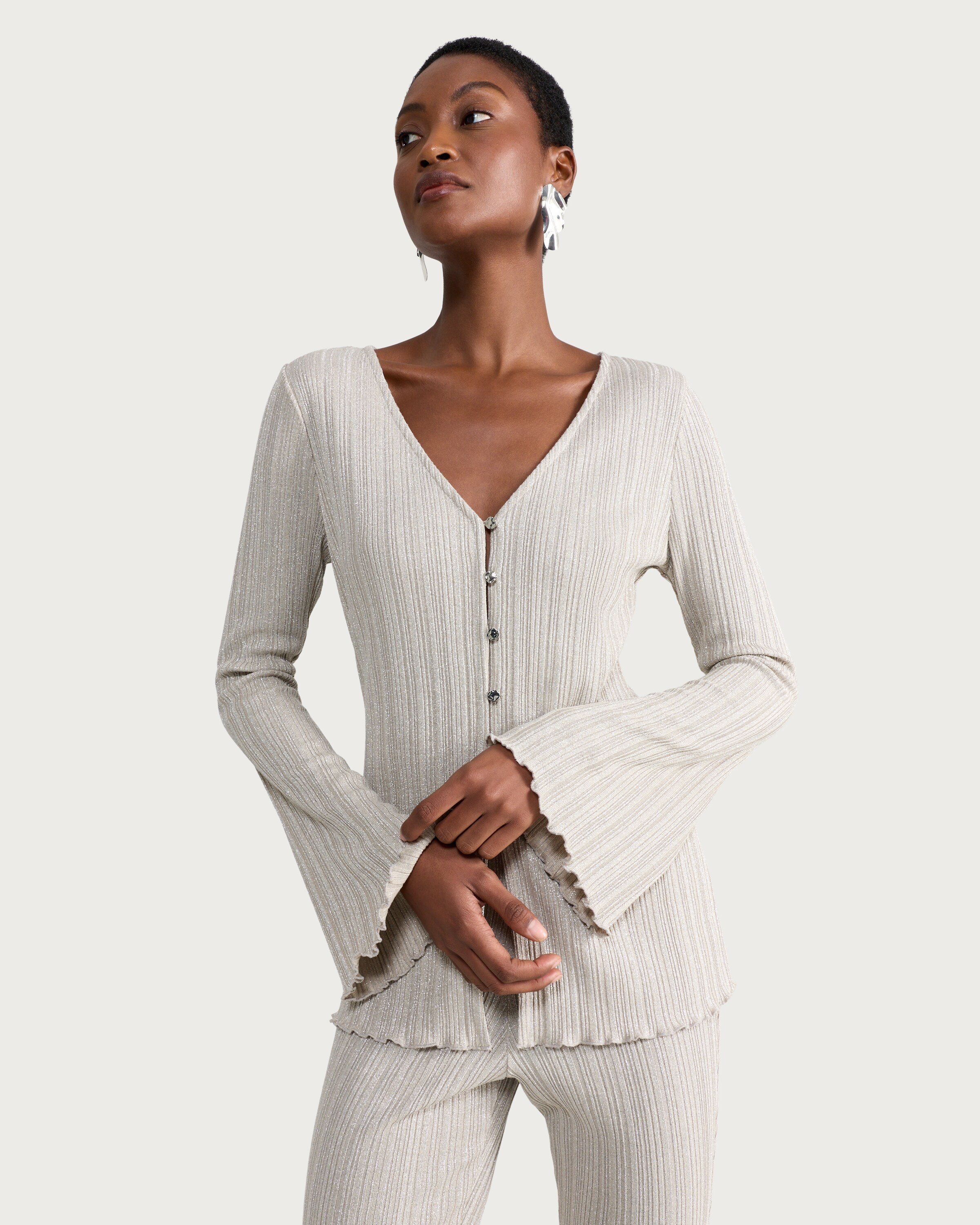 F&F Ribbed Metallic Button Up Co-ord Top in Neutral thumbnail 3