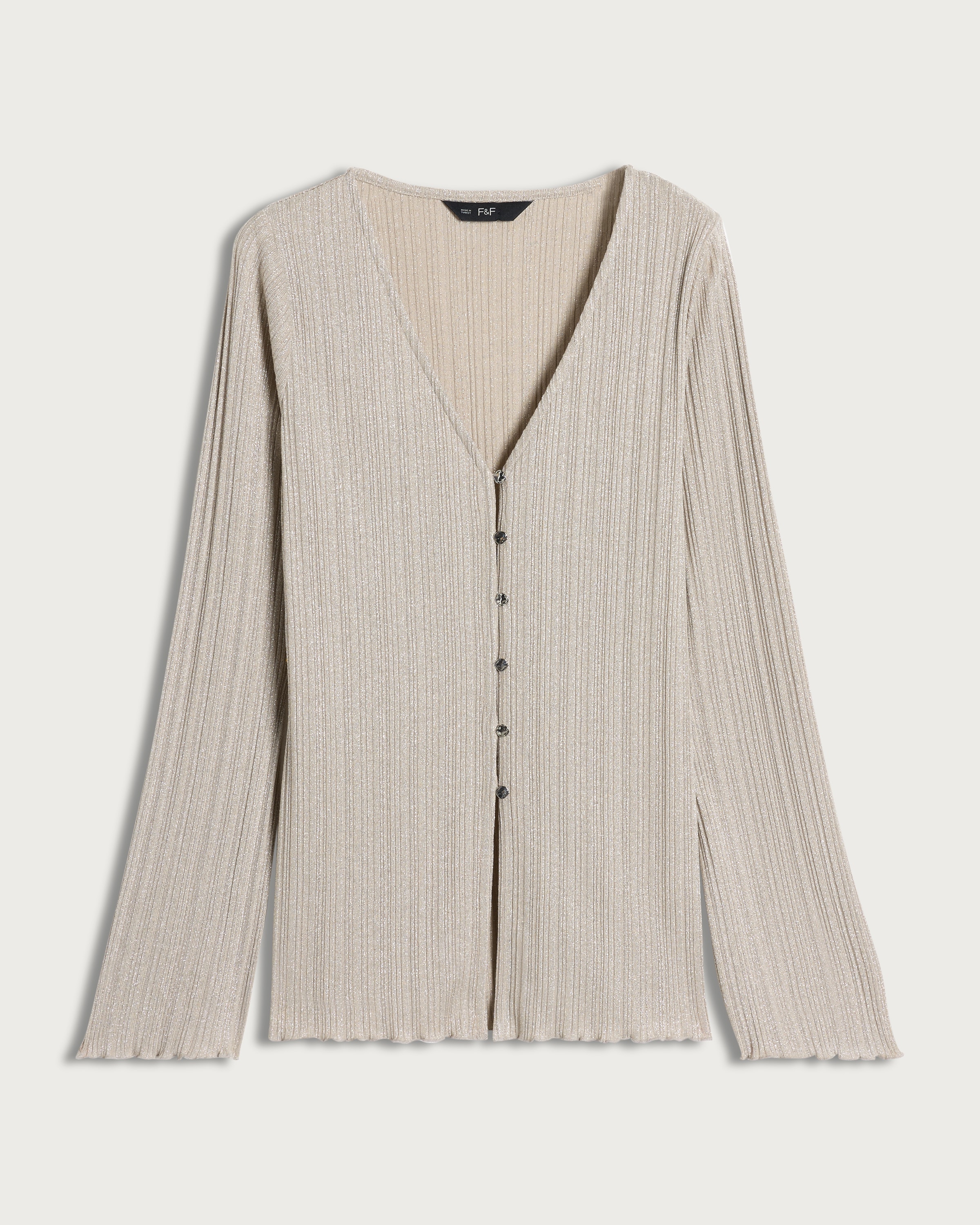 F&F Ribbed Metallic Button Up Co-ord Top in Neutral thumbnail 4