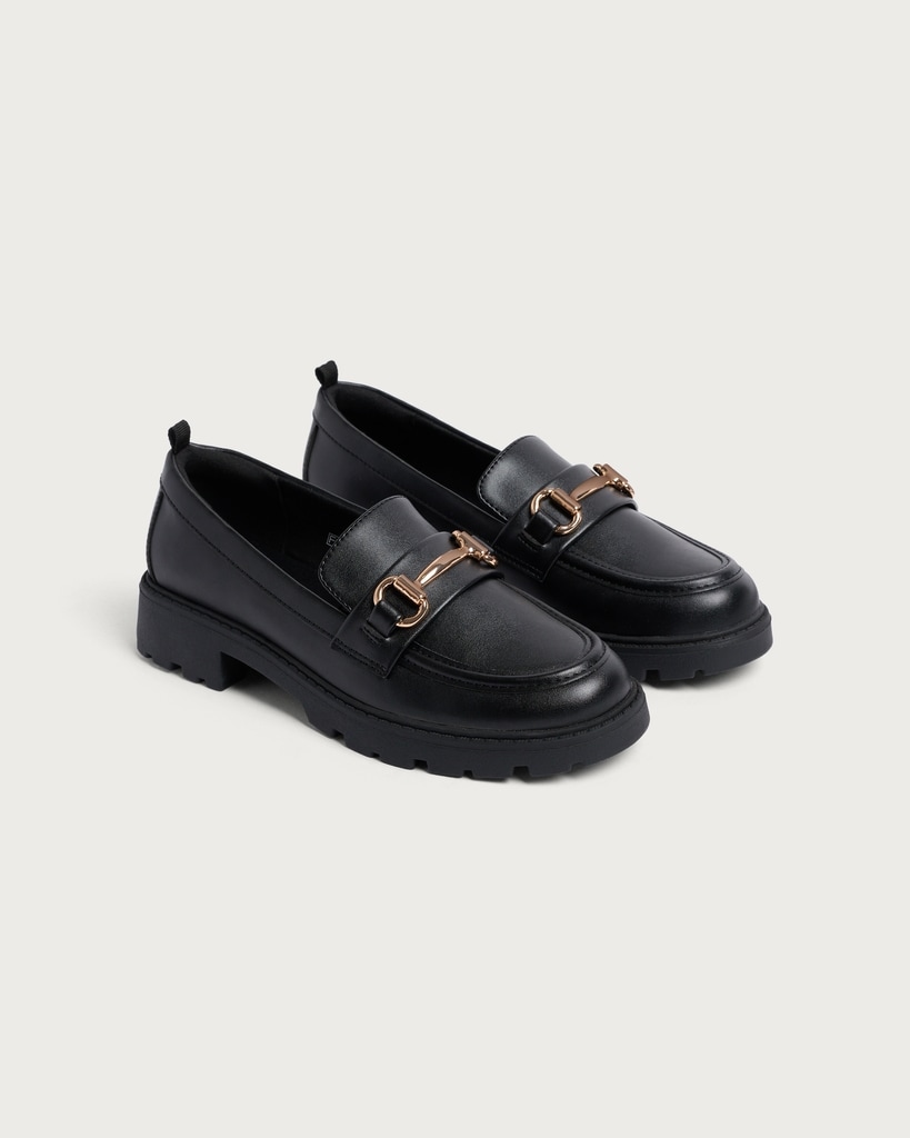 F&F School Girls Gold Trim Loafers in Black
