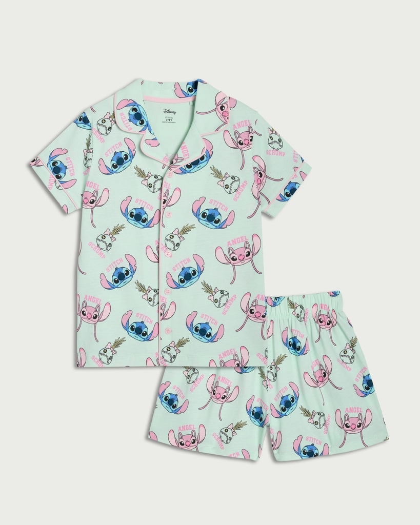 Disney Stitch and Angel Pure Cotton Revere Short Pyjama Set in Green