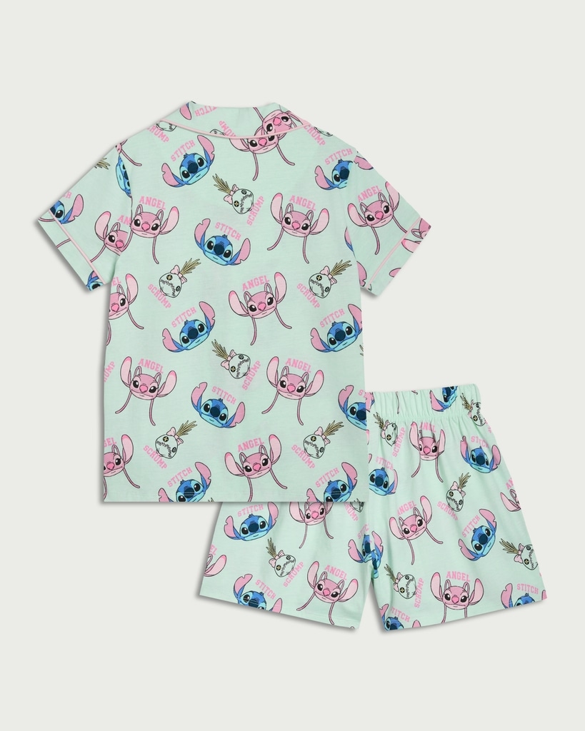 Disney Stitch and Angel Pure Cotton Revere Short Pyjama Set in Green thumbnail 2