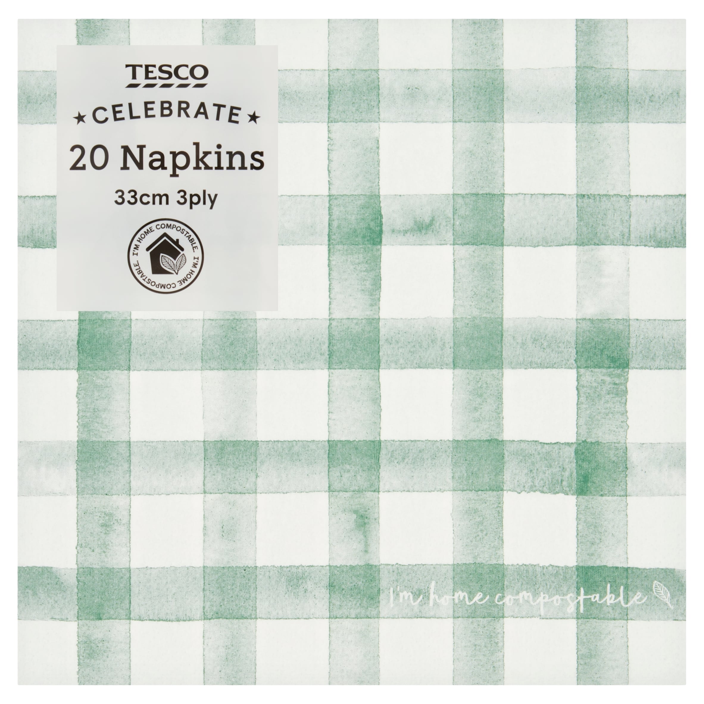 Tesco Green Gingham Napkin 33cm 3ply 20pk