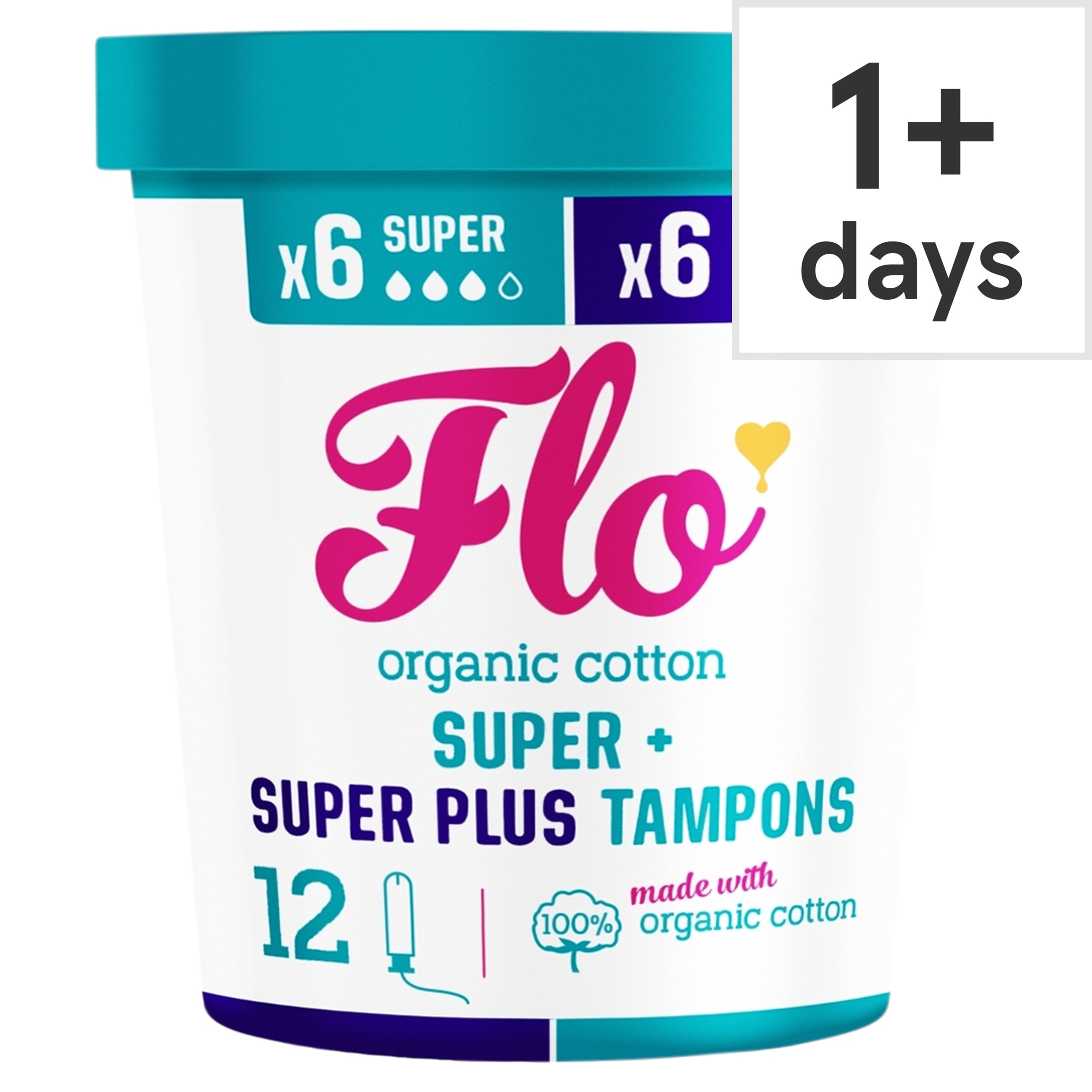 Flo Organic Cotton Applicator Tampon Combo Pack (6 Super + 6 Super Plus tampons)