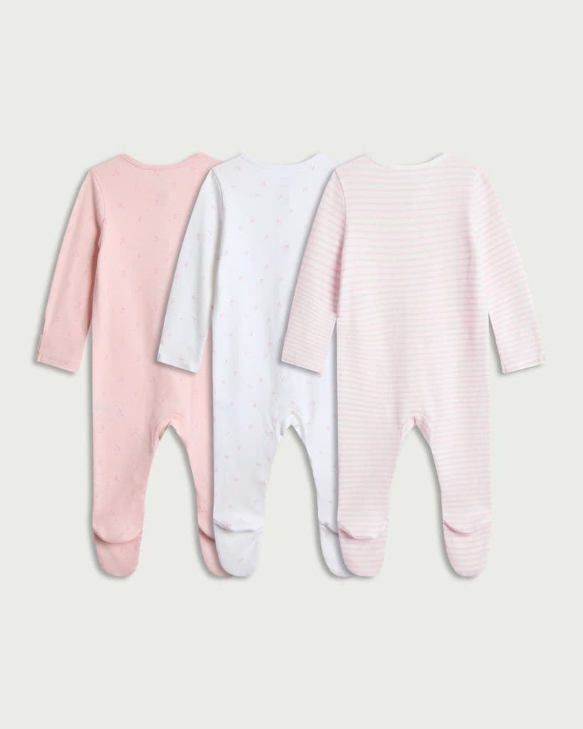 F&F Baby 3-Pack Pure Cotton Long Sleeved Sleepsuits in Pink thumbnail 2