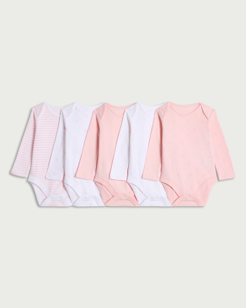 F&F Baby 5-Pack Pure Cotton Long Sleeved Bodysuits in Pink