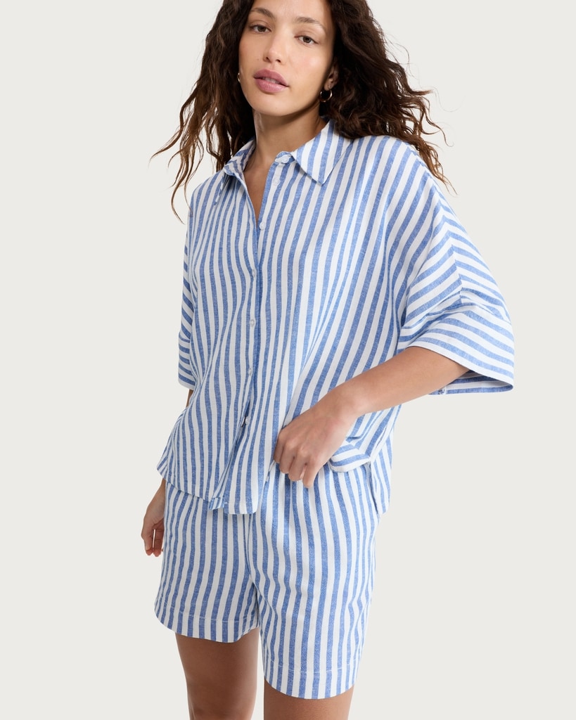 F&F Striped Co-ord Shorts with Linen in Blue thumbnail 2