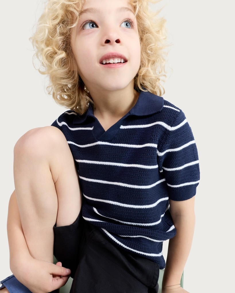 F&F Boys Pure Cotton Knitted Striped Polo Shirt in Navy