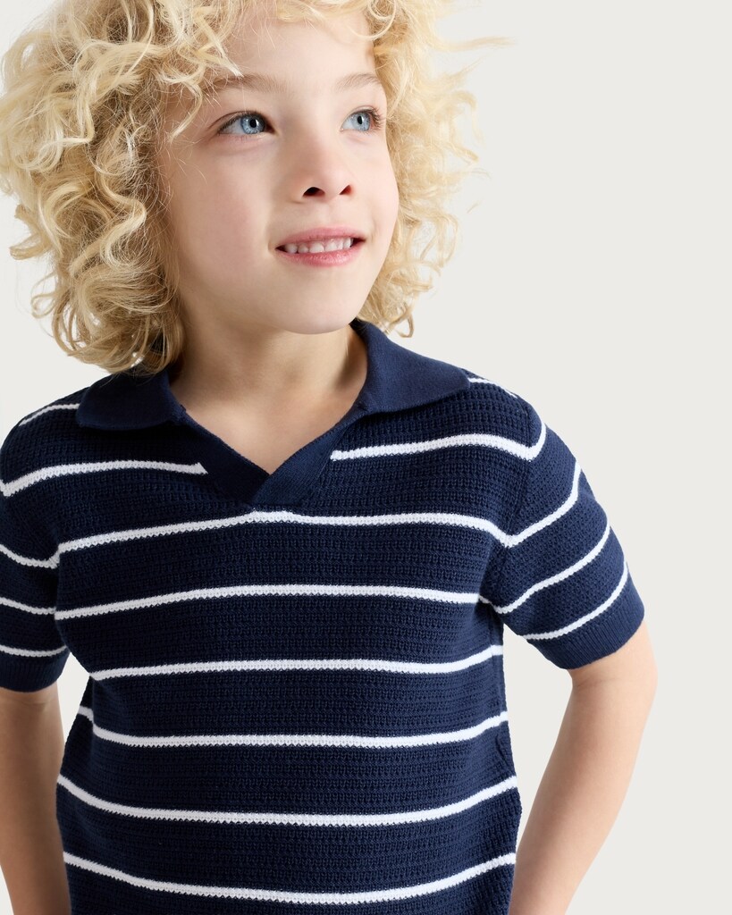 F&F Boys Pure Cotton Knitted Striped Polo Shirt in Navy thumbnail 3