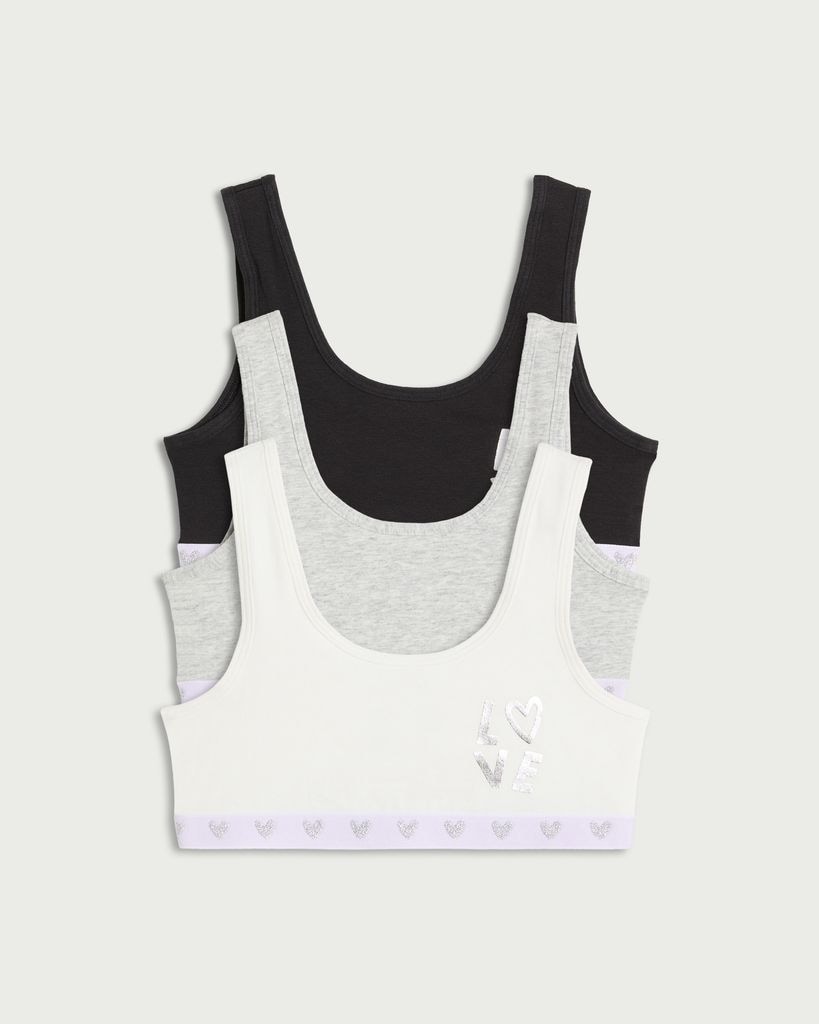 F&F Girls 3-Pack Cotton Rich Love Print Crop Tops in Black