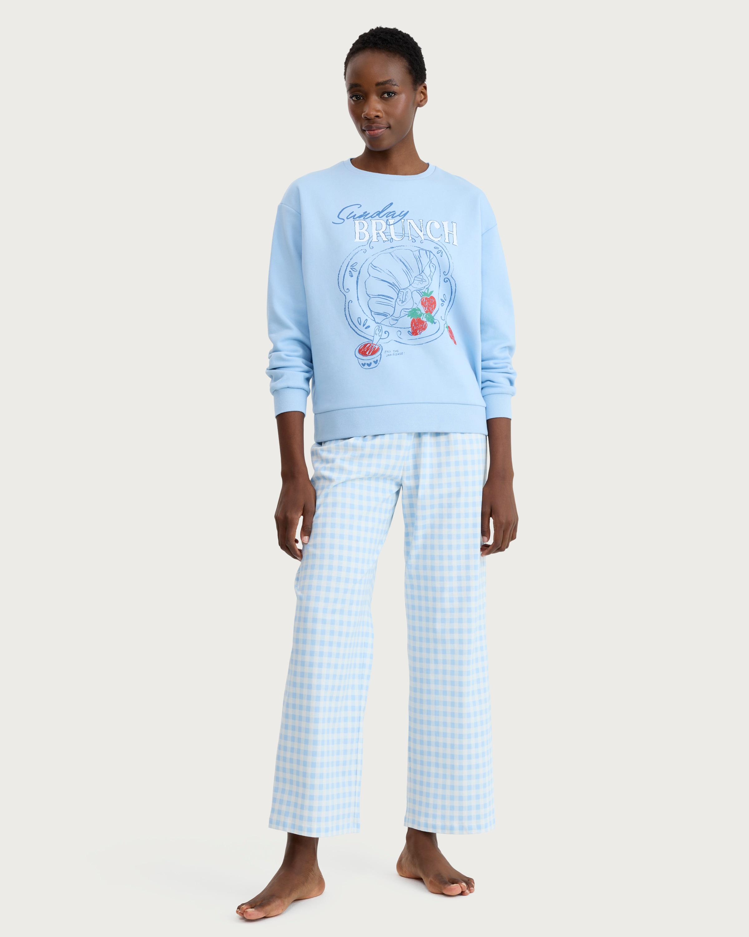 F&F Cotton Rich Sunday Brunch Slogan Pyjama Set in Blue thumbnail 2
