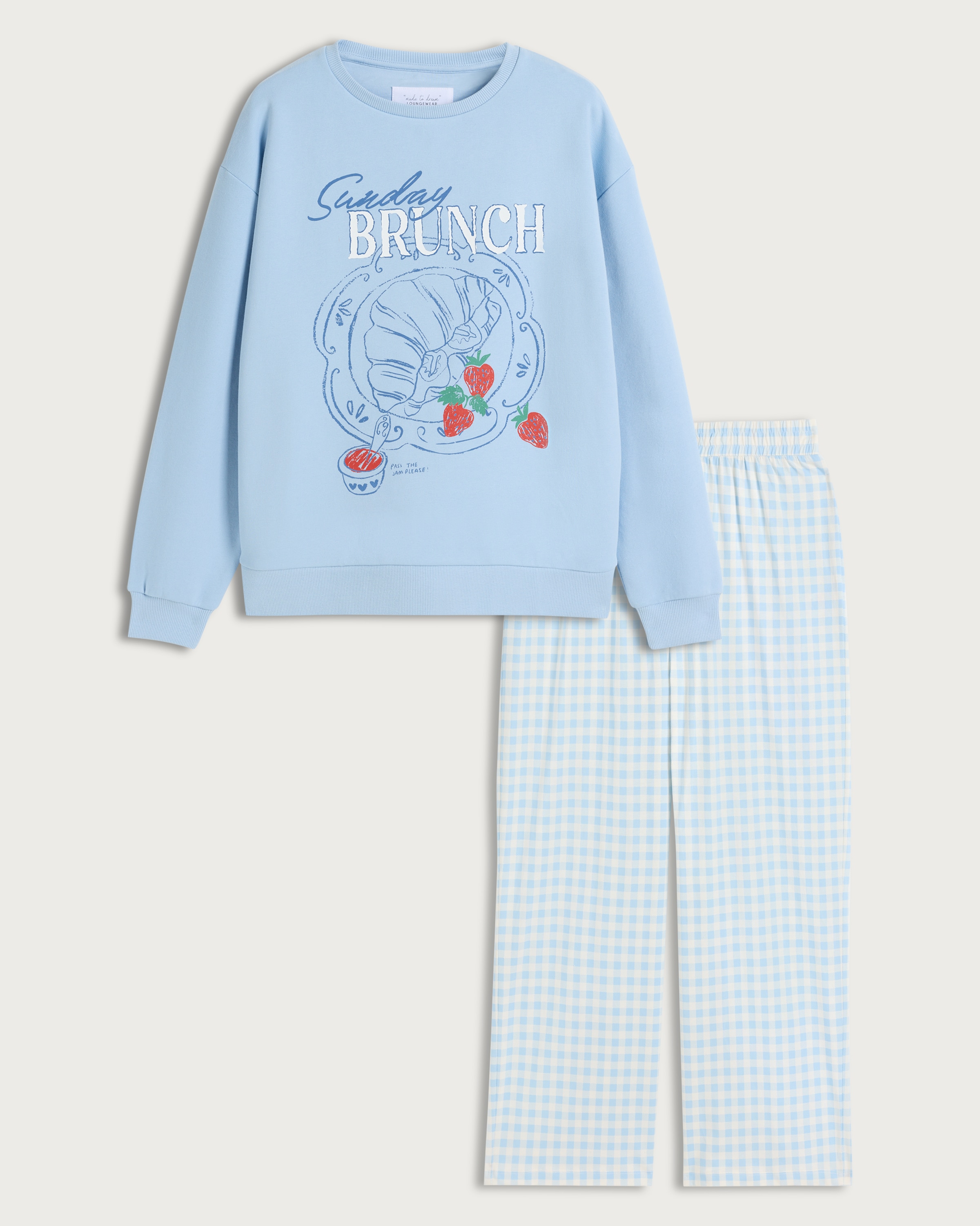 F&F Cotton Rich Sunday Brunch Slogan Pyjama Set in Blue thumbnail 4