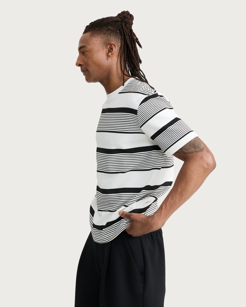 F&F Textured Stripe Print Short Sleeved T-Shirt in Cream
