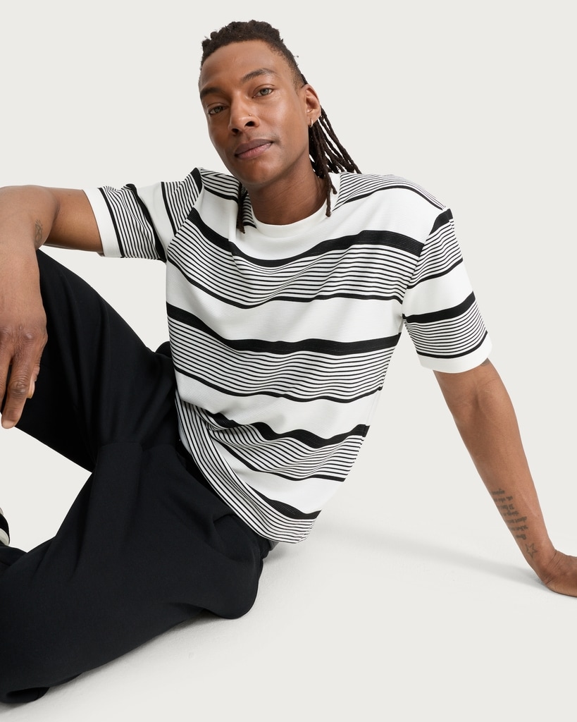 F&F Textured Stripe Print Short Sleeved T-Shirt in Cream thumbnail 2