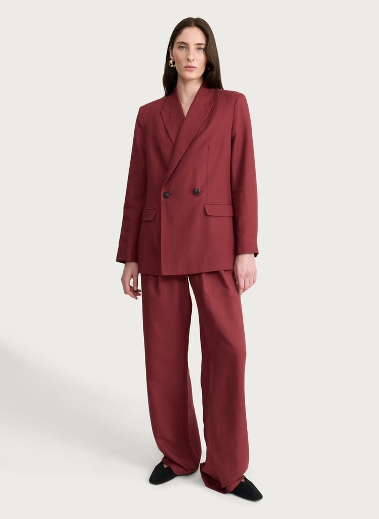 The F&F Edit Double Pleated Wide Leg Trousers with Linen in Burgundy
