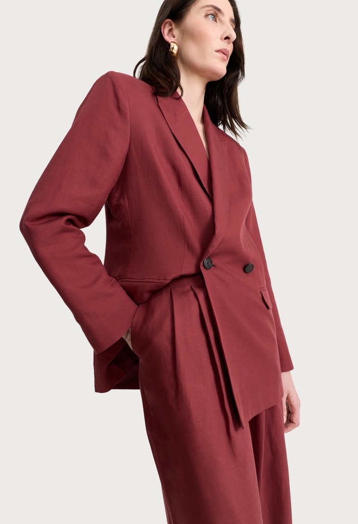 The F&F Edit Double Pleated Wide Leg Trousers with Linen in Burgundy thumbnail 2