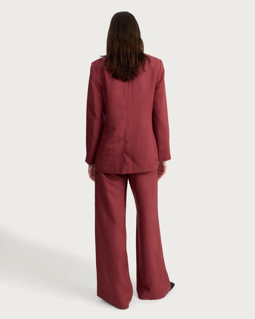 The F&F Edit Double Pleated Wide Leg Trousers with Linen in Burgundy thumbnail 3