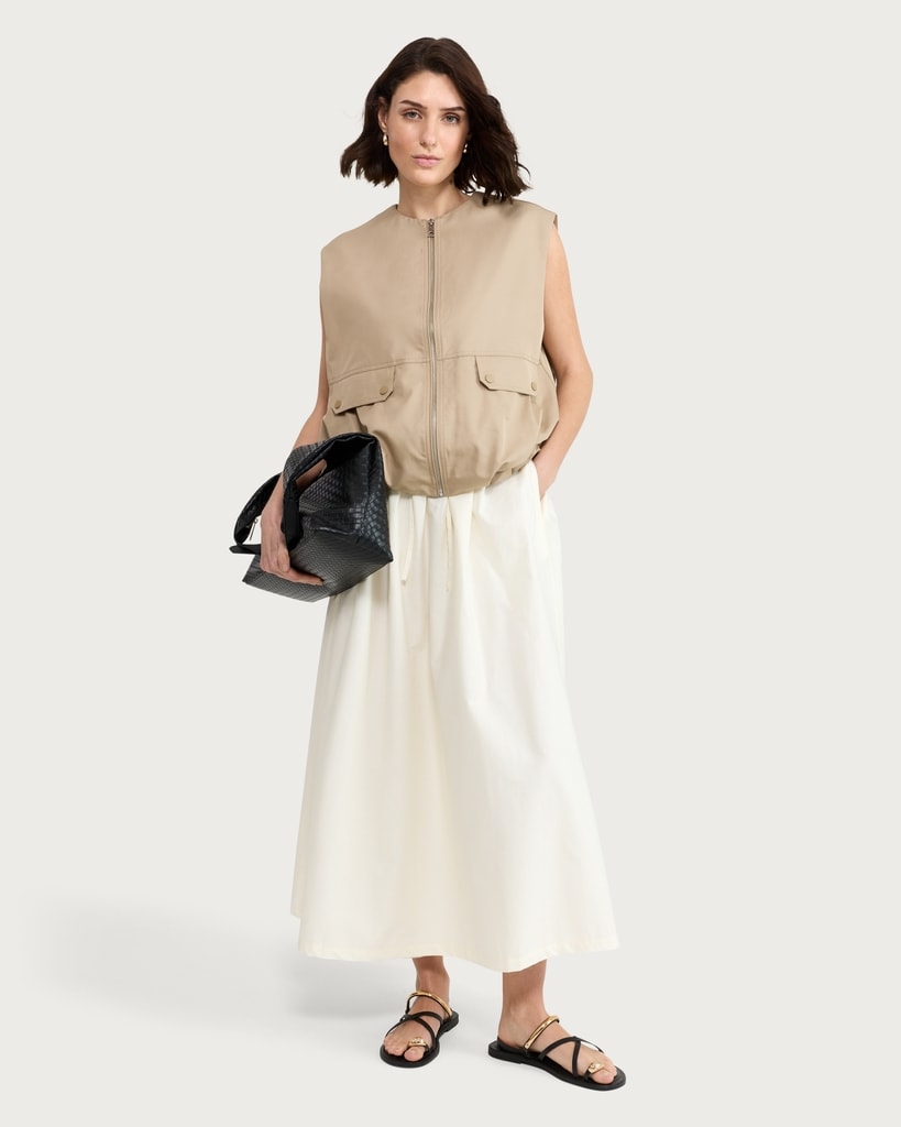 F&F Pure Cotton Poplin Drawstring Midi Skirt in Yellow