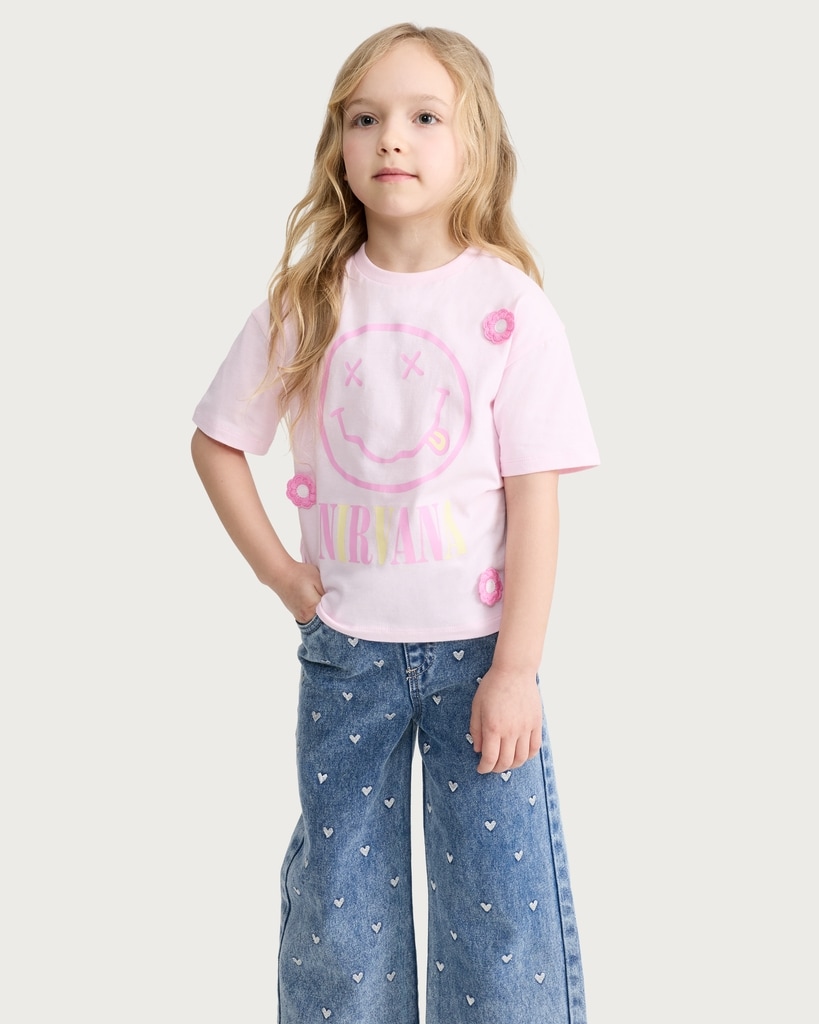 Nirvana Pure Cotton Smiley Face Print T-Shirt in Pink