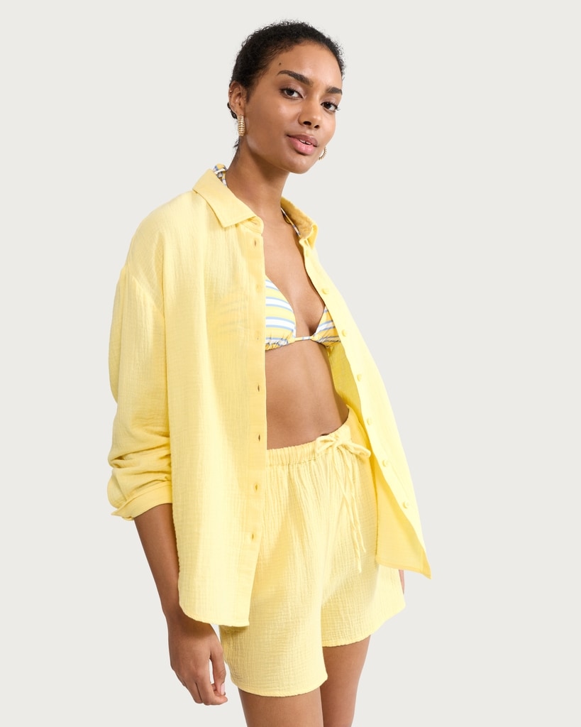 F&F Pure Cotton Double Cloth Long Sleeved Shirt in Yellow