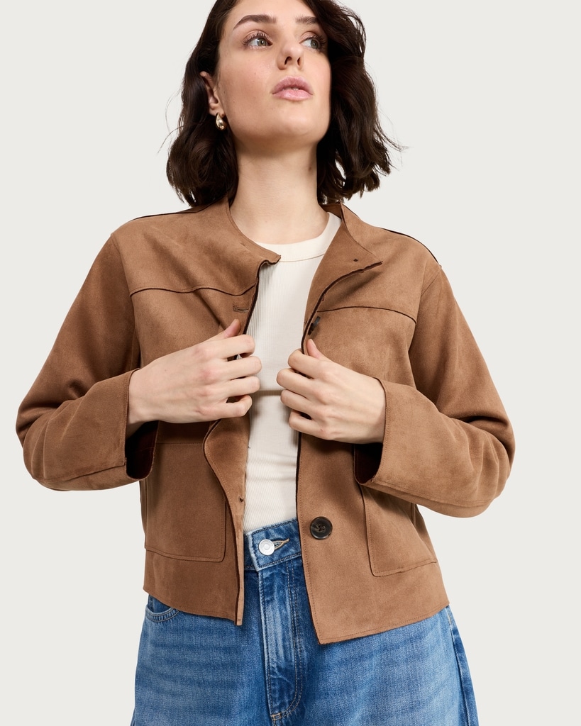 F&F Faux Suede Collarless Cropped Jacket in Brown