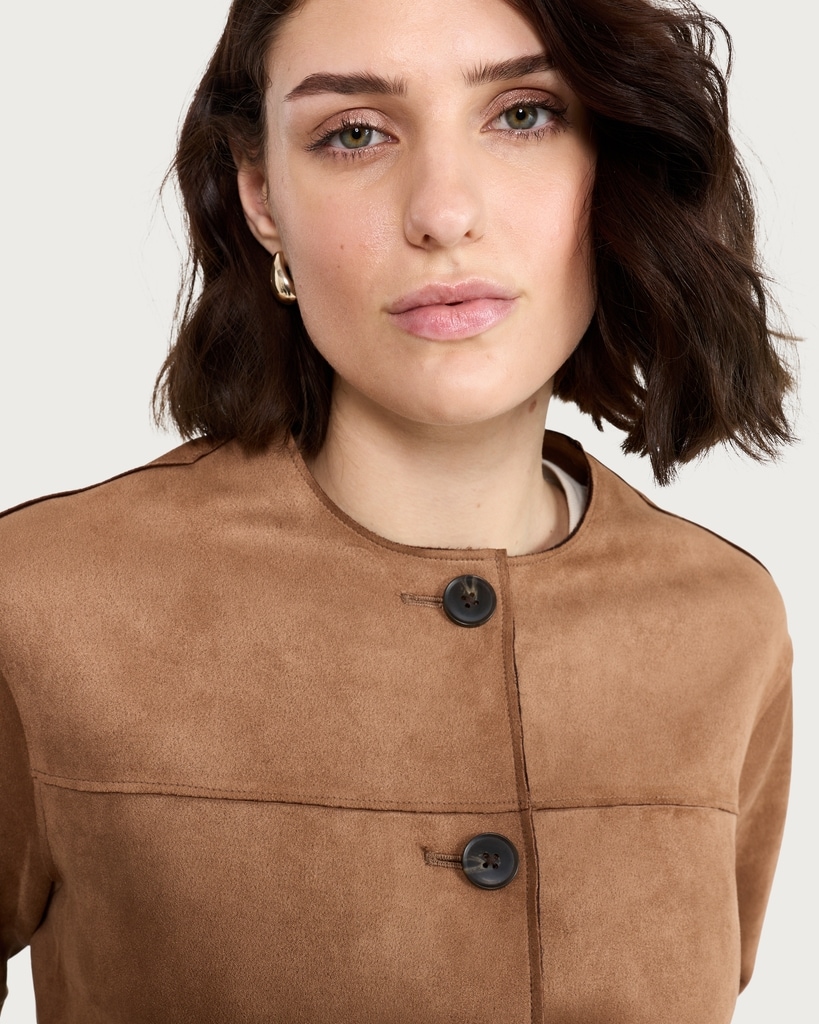 F&F Faux Suede Collarless Cropped Jacket in Brown thumbnail 2