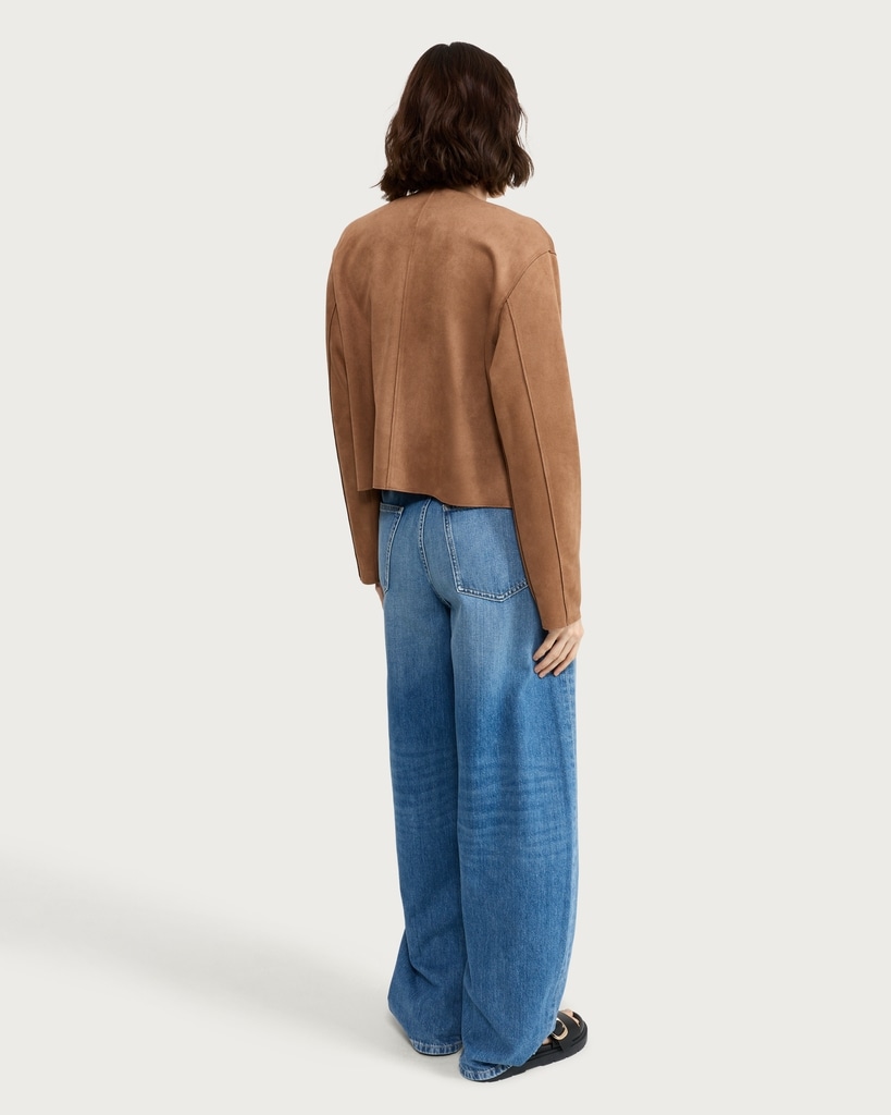 F&F Faux Suede Collarless Cropped Jacket in Brown thumbnail 3