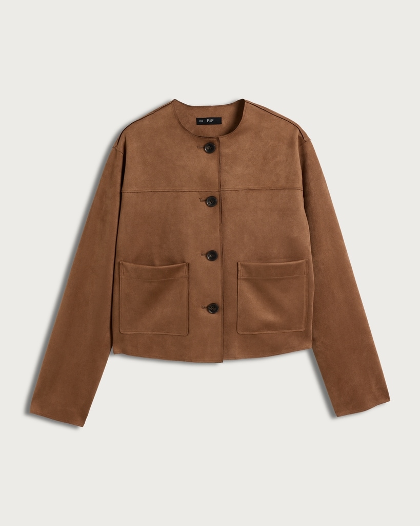 F&F Faux Suede Collarless Cropped Jacket in Brown thumbnail 4