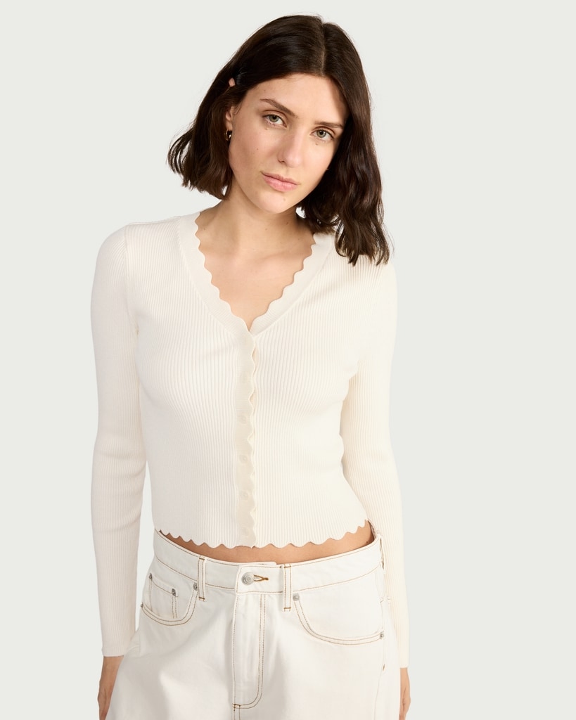 F&F Ribbed Scalloped Edge Button Up Cardigan in White thumbnail 2