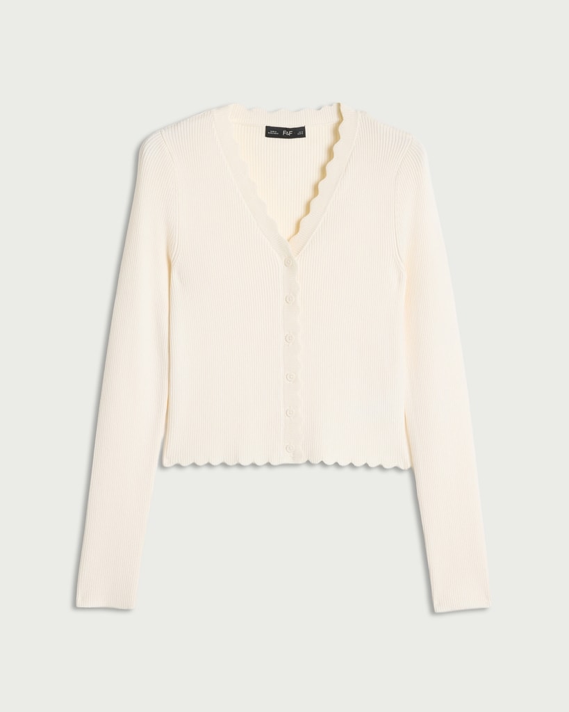 F&F Ribbed Scalloped Edge Button Up Cardigan in White thumbnail 4