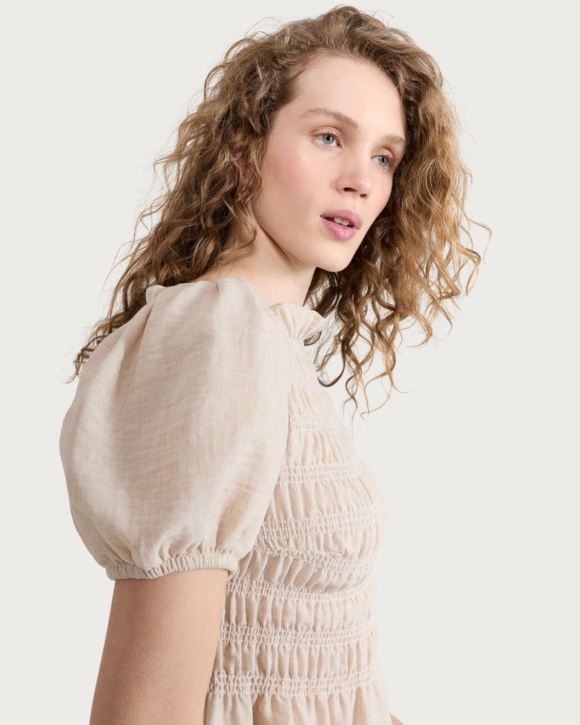 F&F Shirred Peplum Puff Sleeved Blouse in Neutral