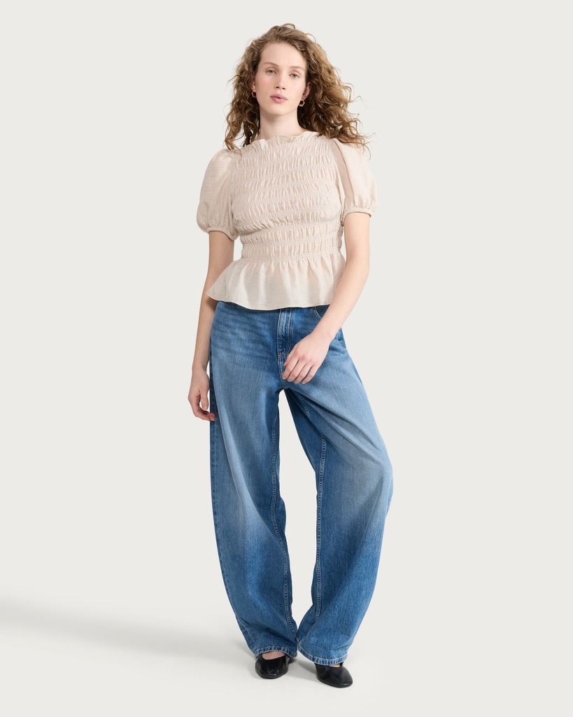 F&F Shirred Peplum Puff Sleeved Blouse in Neutral thumbnail 2