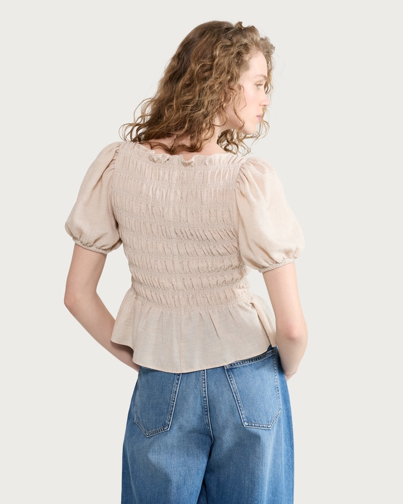 F&F Shirred Peplum Puff Sleeved Blouse in Neutral thumbnail 3
