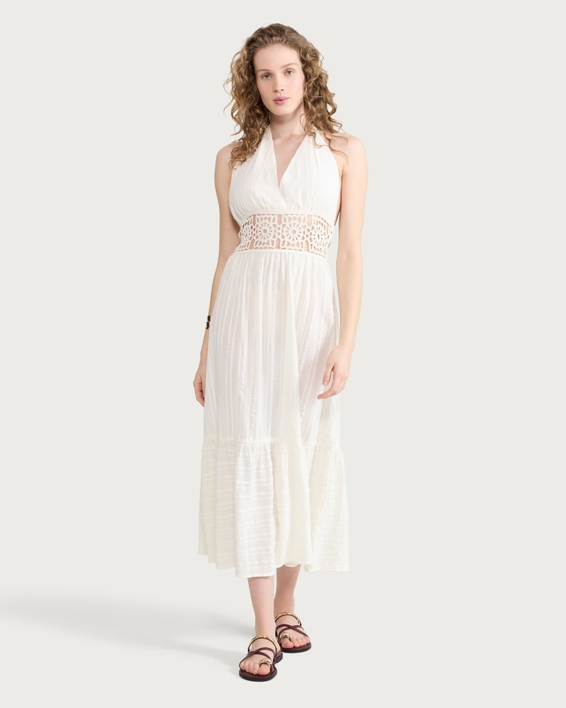 F&F Pure Cotton Halter Neck Midi Beach Dress in Ivory