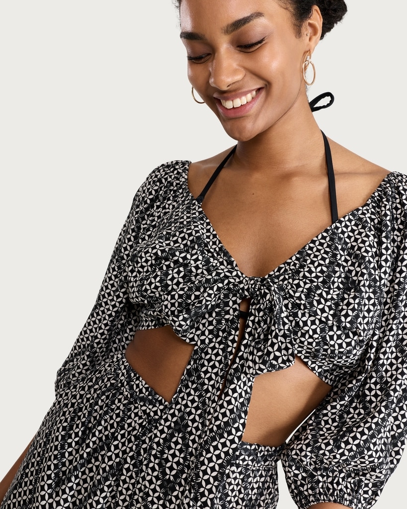 F&F Mono Print Tie Front Co-ord Beach Blouse in Multi Black White thumbnail 2