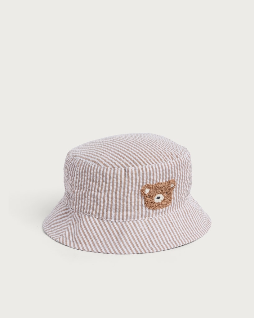 F&F Baby Striped Textured Bear Face Bucket Hat in Neutral
