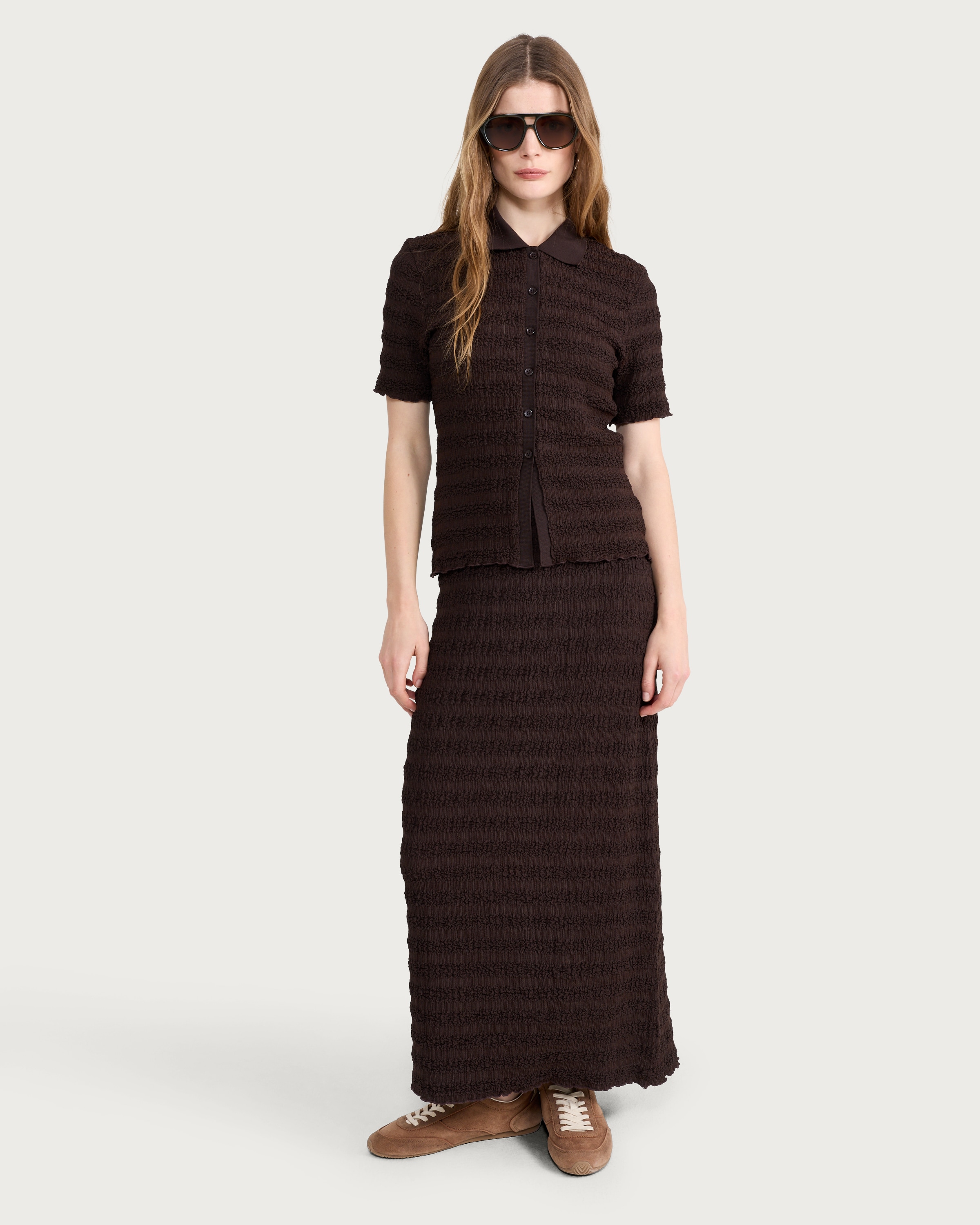 F&F Crinkle Textured Co-ord Midi Skirt in Chocolate thumbnail 2