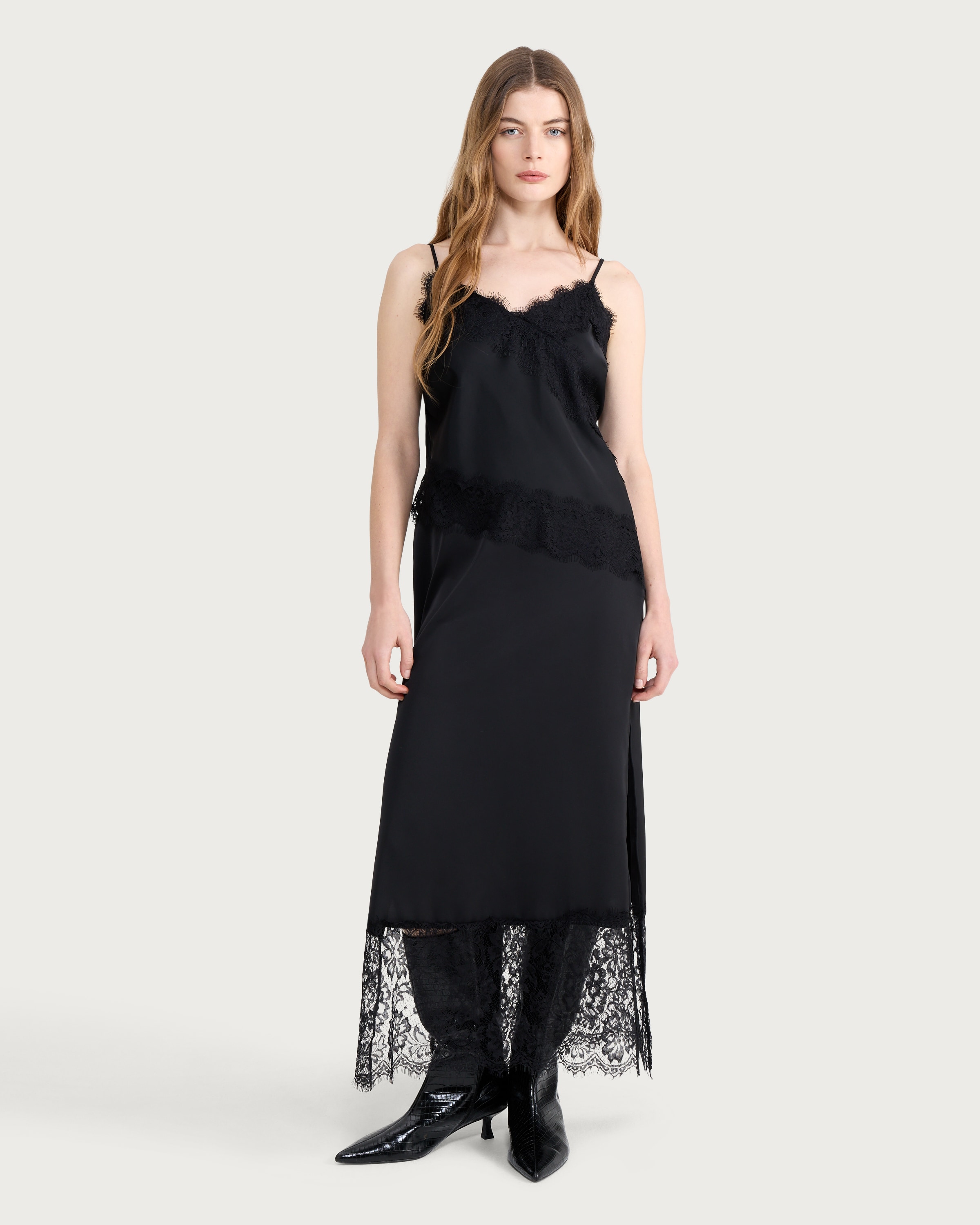 F&F Satin Lace Trim Co-ord Midi Skirt in Black