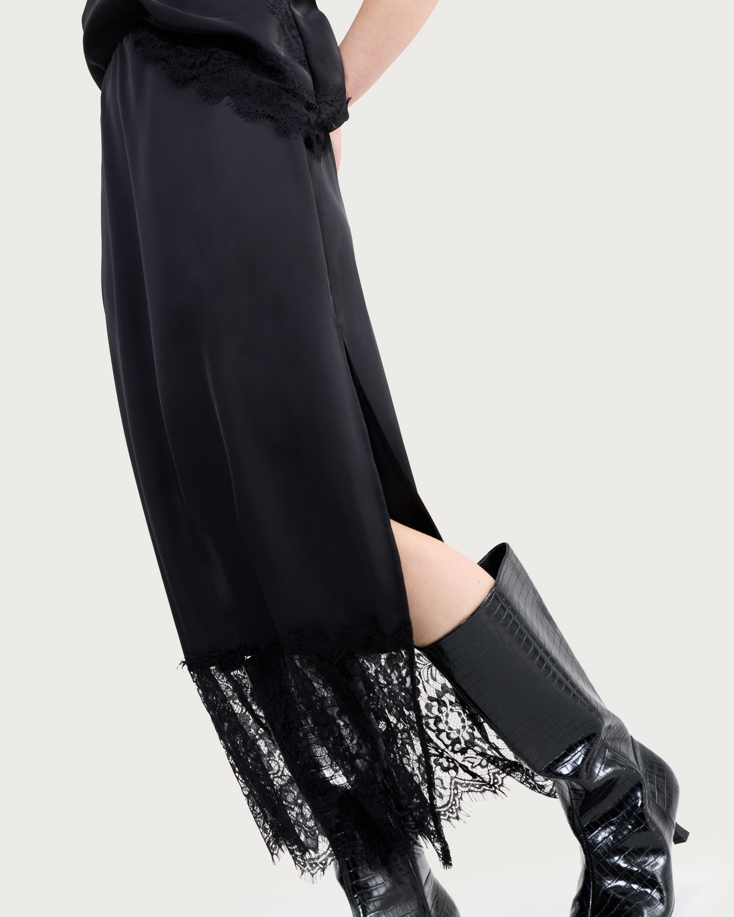 F&F Satin Lace Trim Co-ord Midi Skirt in Black thumbnail 2