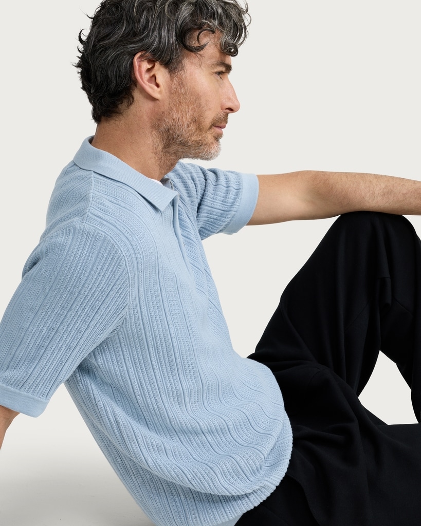 F&F Pure Cotton Ribbed Knitted Polo Shirt in Blue