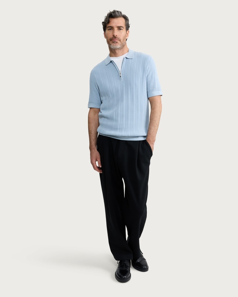 F&F Pure Cotton Ribbed Knitted Polo Shirt in Blue thumbnail 2