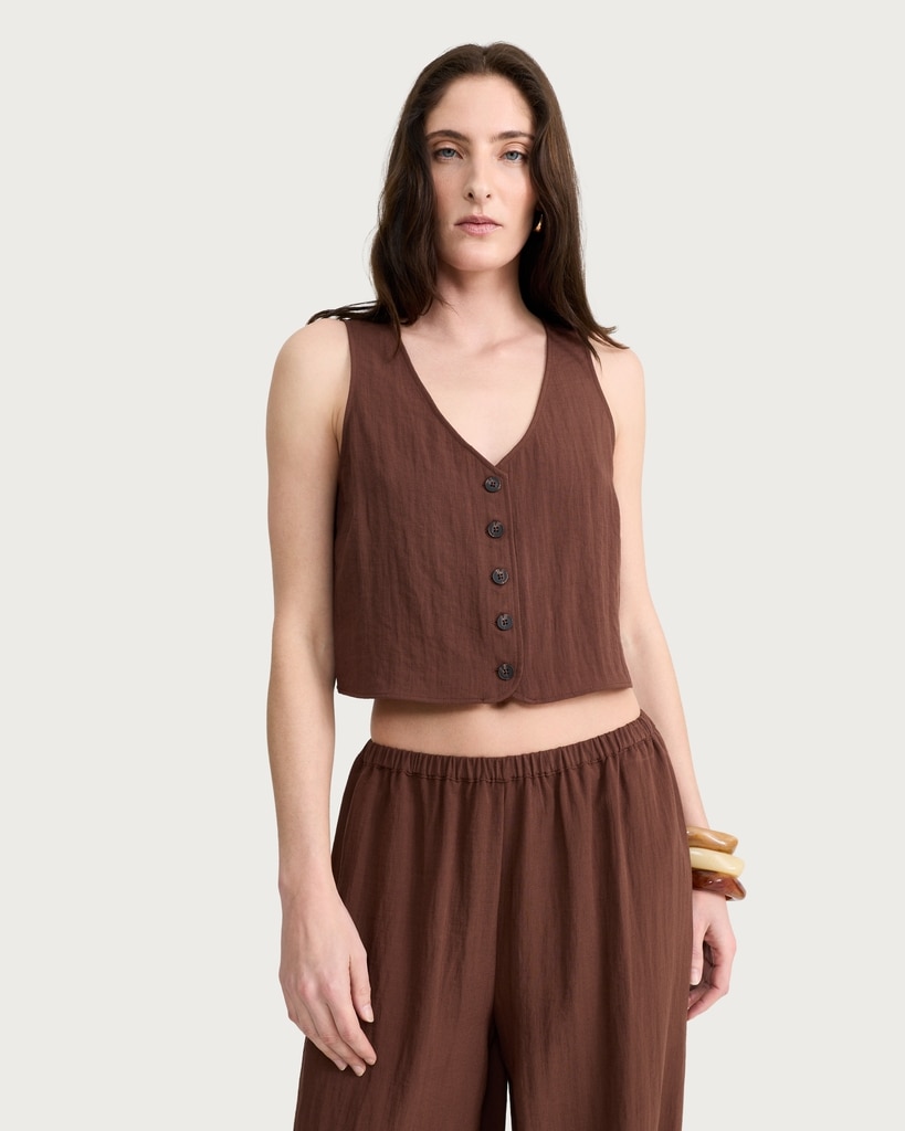 F&F Button Front Sleeveless Co-ord Waistcoat in Brown