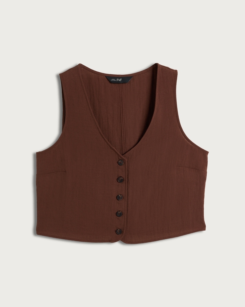 F&F Button Front Sleeveless Co-ord Waistcoat in Brown thumbnail 4