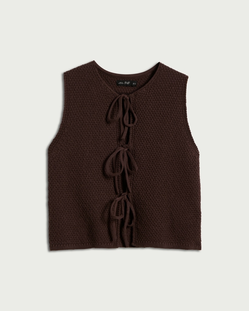 F&F Cotton Rich Textured Knitted Tie Front Waistcoat in Chocolate thumbnail 4
