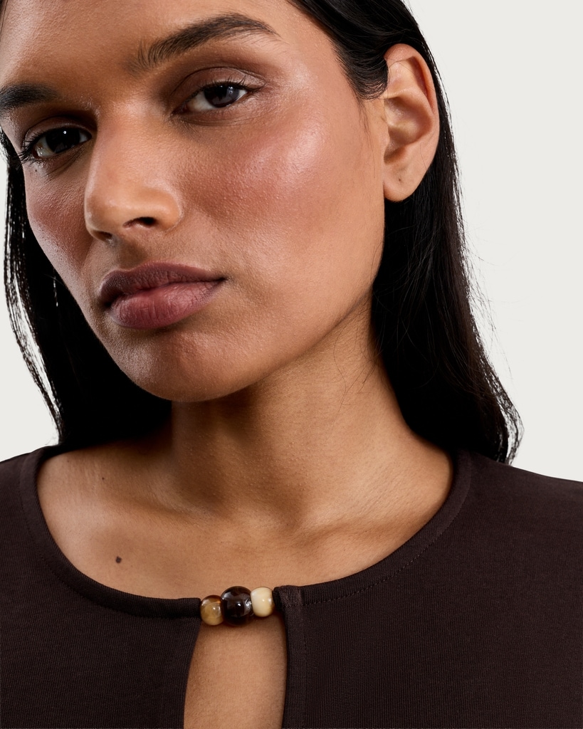 F&F Pure Cotton Keyhole Detail Short Sleeved T-Shirt in Brown