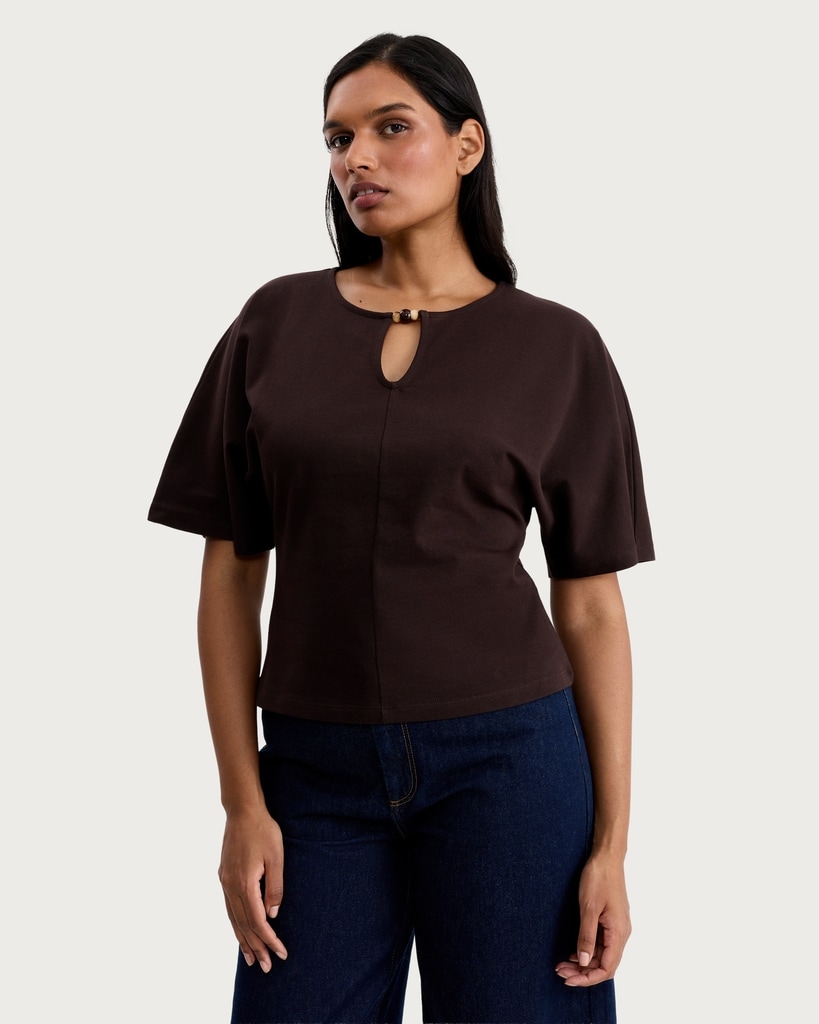 F&F Pure Cotton Keyhole Detail Short Sleeved T-Shirt in Brown thumbnail 2