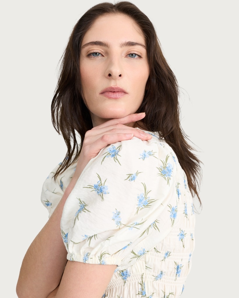 F&F Floral Print Shirred Peplum Hem Blouse in Multi Blue