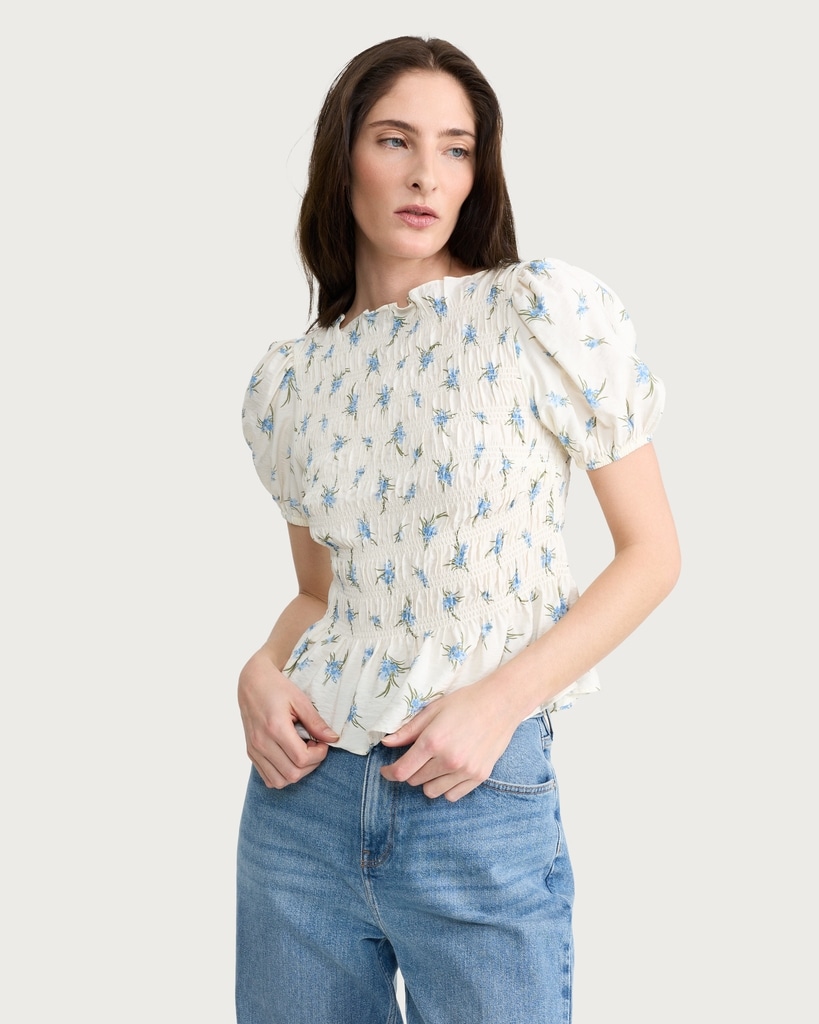 F&F Floral Print Shirred Peplum Hem Blouse in Multi Blue thumbnail 2
