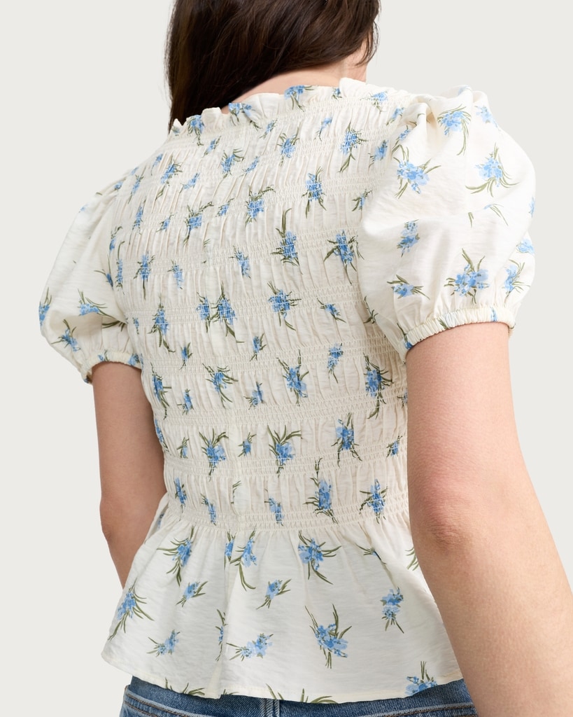 F&F Floral Print Shirred Peplum Hem Blouse in Multi Blue thumbnail 3
