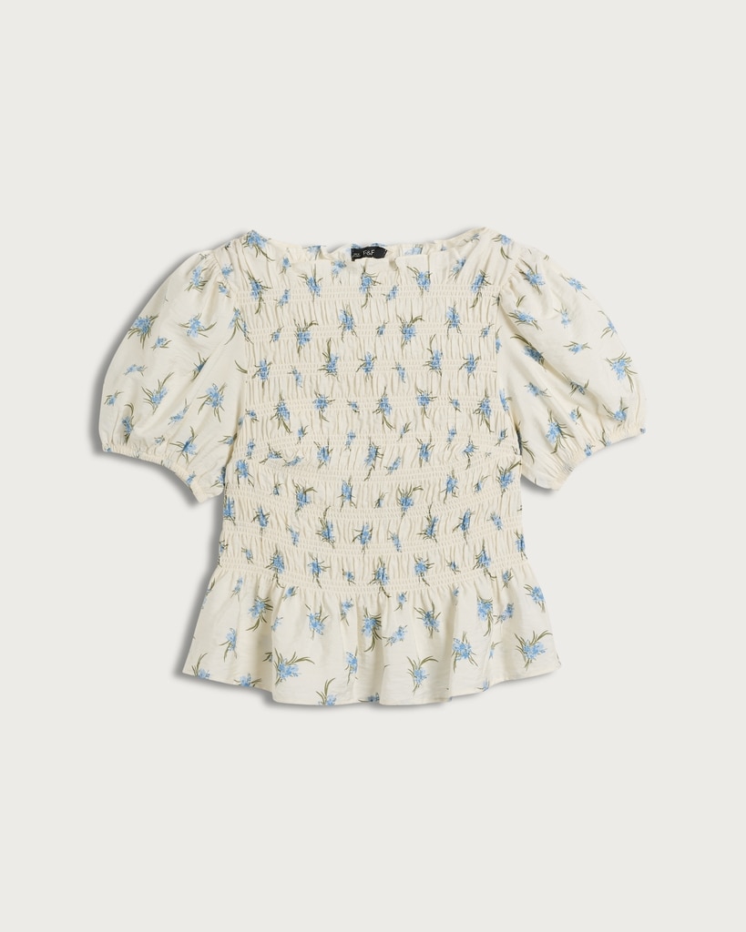 F&F Floral Print Shirred Peplum Hem Blouse in Multi Blue thumbnail 4