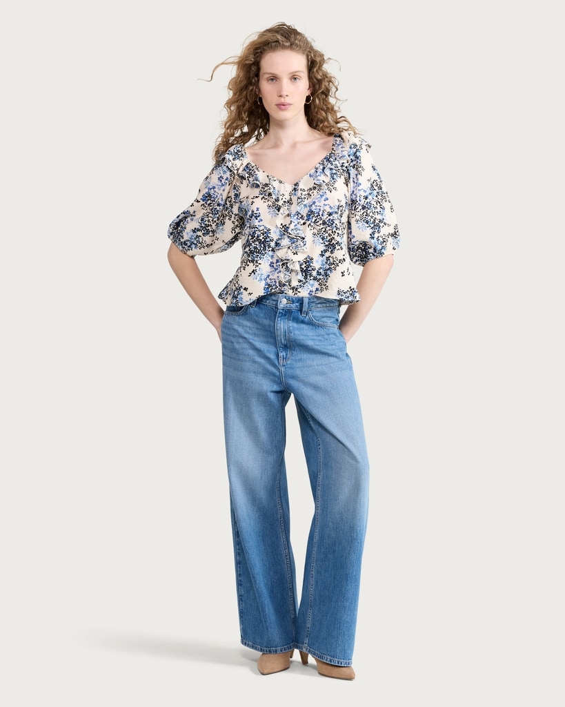 F&F Floral Ruffle Detail Blouse in Multi Blue thumbnail 3